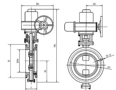 船用雙偏心型電動帶手動操作蝶閥結構圖(圖1) 船用雙偏心型電動帶手動操作蝶閥結構圖